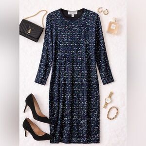 100% Silk Colorful Geometric Midi Sheath Dress